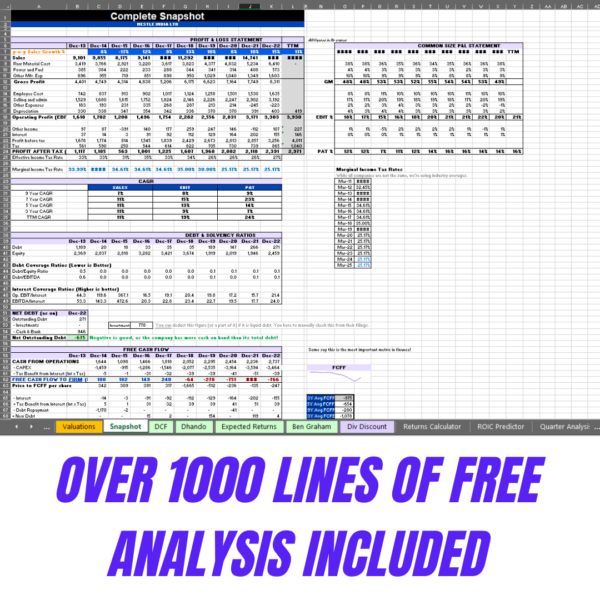 Comprehensive Financial Snapshot with Over 1000 Lines of Free Analysis Included in Stock Valuation Spreadsheet