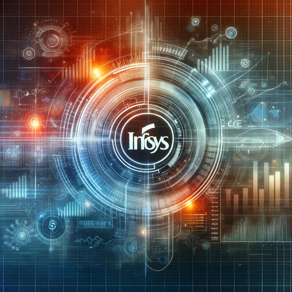 Artistic depiction of Infosys logo with digital and financial elements, symbolizing technology and financial growth in the IT sector.