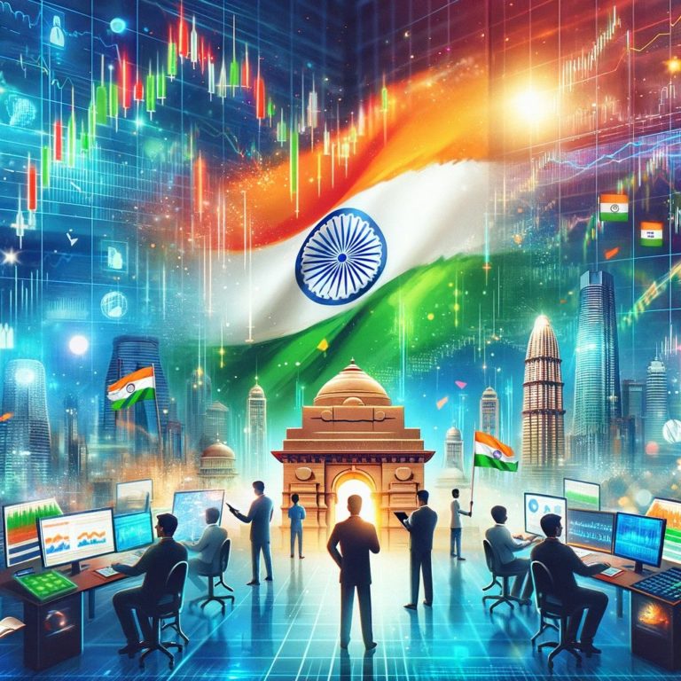 Bustling Indian stock market scene with digital graphs, traditional elements, and investors analyzing data.