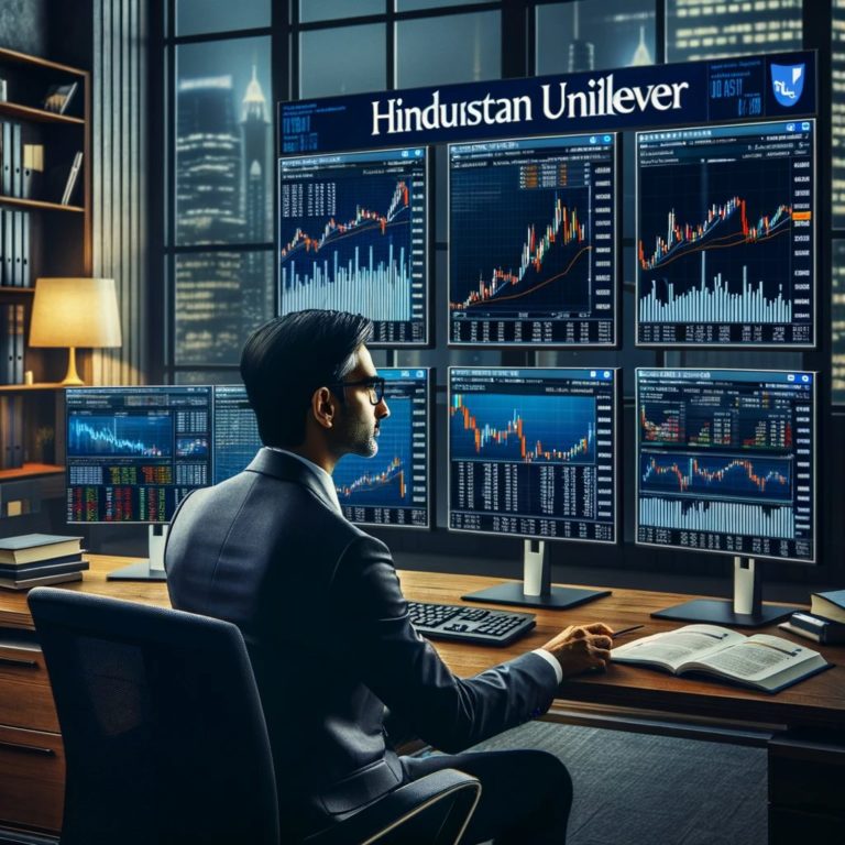 Financial analyst in a modern office analyzing Hindustan Unilever's stock performance on computer screens