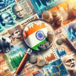 Indian stock market collage with Sensex, Nifty indices, Indian currency, growth graphs, and magnifying glass on value stocks.