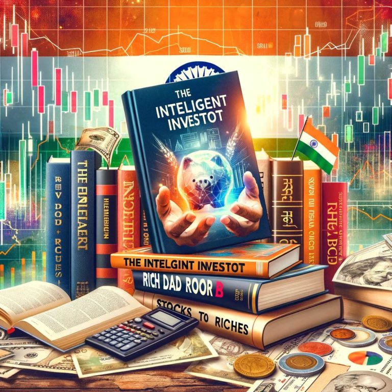 Collage of top stock market books including 'The Intelligent Investor' and 'Rich Dad Poor Dad' against a backdrop of stock market graphs and the Indian flag.