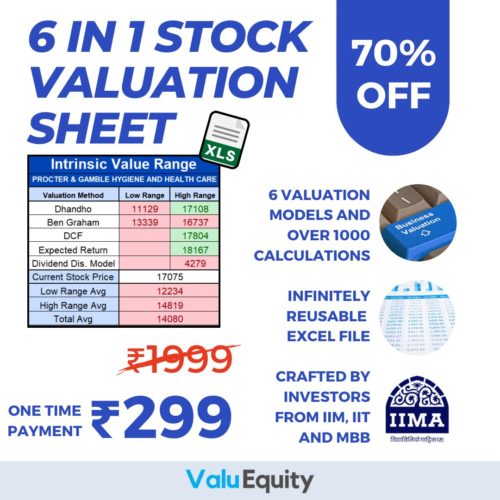 Valuequity 6-in-1 Stock Valuation Excel Sheet with 70% discount, showcasing features like multiple valuation methods and investment analysis tools.