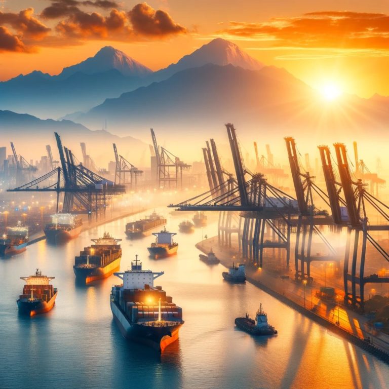 A bustling Indian port with cargo ships and cranes symbolizing growth and opportunity in the maritime sector, focusing on Adani Ports.