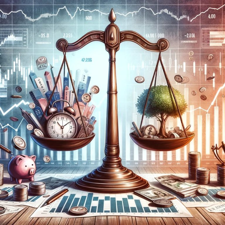 Balance scale art representing trading vs. investing in the Indian stock market, with symbols of rapid graphs and a growing tree.