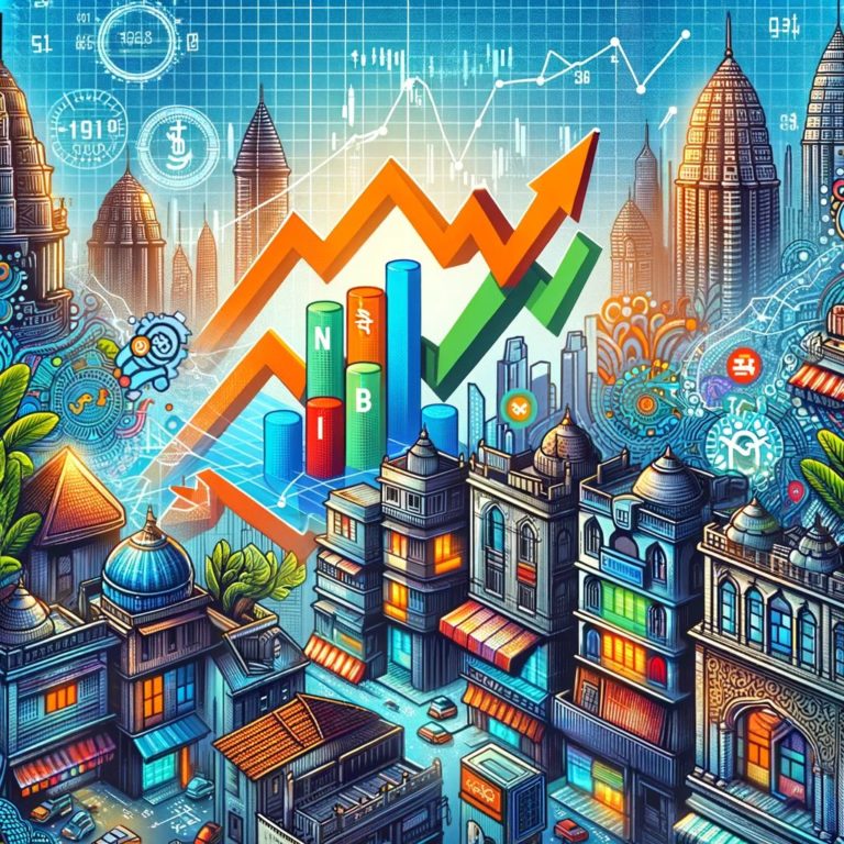 Indian stock market illustration with NIFTY, SENSEX, Mumbai skyline, upward trend graph, and cultural elements.