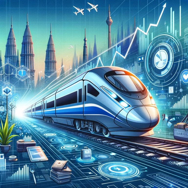 Futuristic high-speed IRCTC train symbolizing its impact on the Indian economy, surrounded by digital graphs and landmarks, reflecting growth in the stock market.