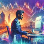 South Asian male analyzing stock data with Mumbai skyline backdrop