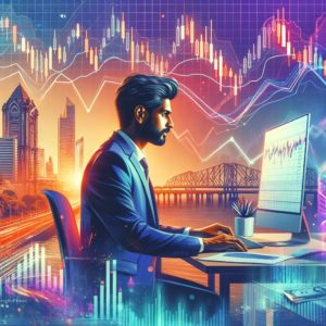 South Asian male analyzing stock data with Mumbai skyline backdrop