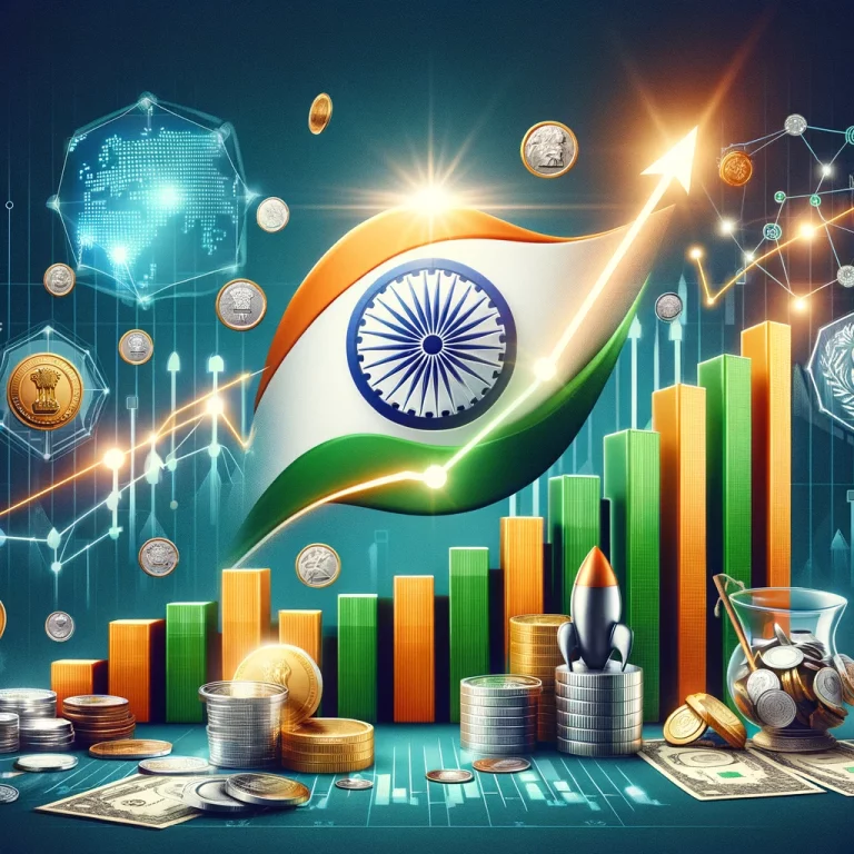 Indian stock market in 2024 with rising graph, national flag, and symbols of economic growth and investment.