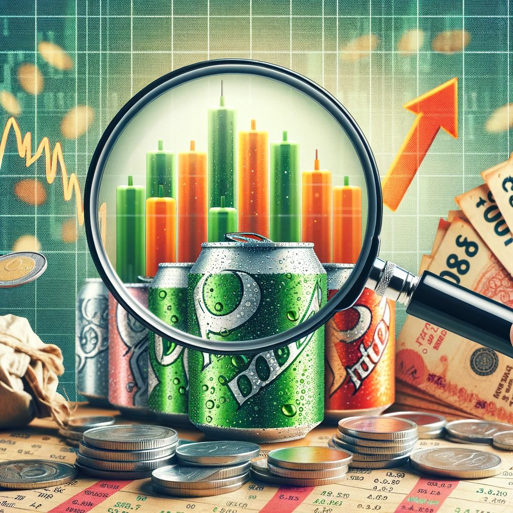 Financial analysis and investment growth in Indian market with magnifying glass over stock chart and fizzy beverage cans.