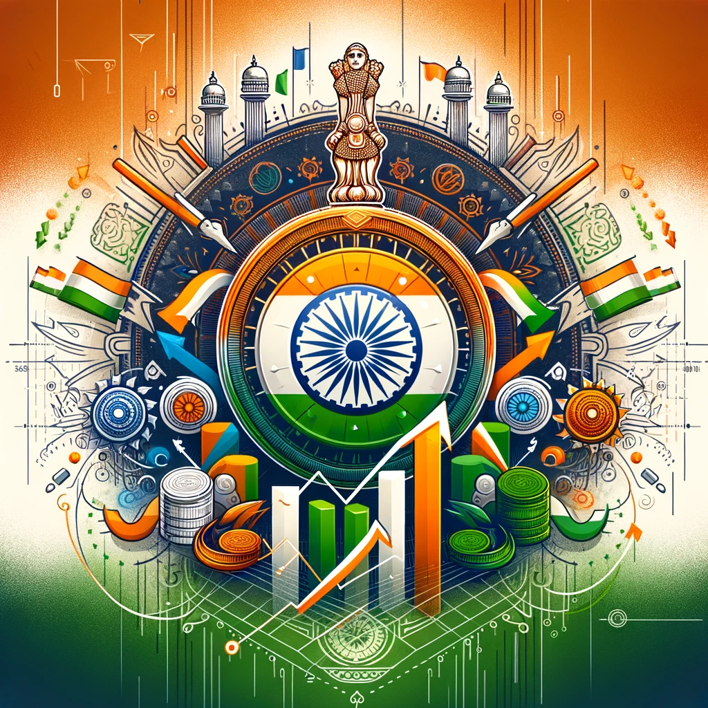 Illustration of stock market growth with Indian market elements, rising graphs, and the Ashoka Chakra, symbolizing success in investing.