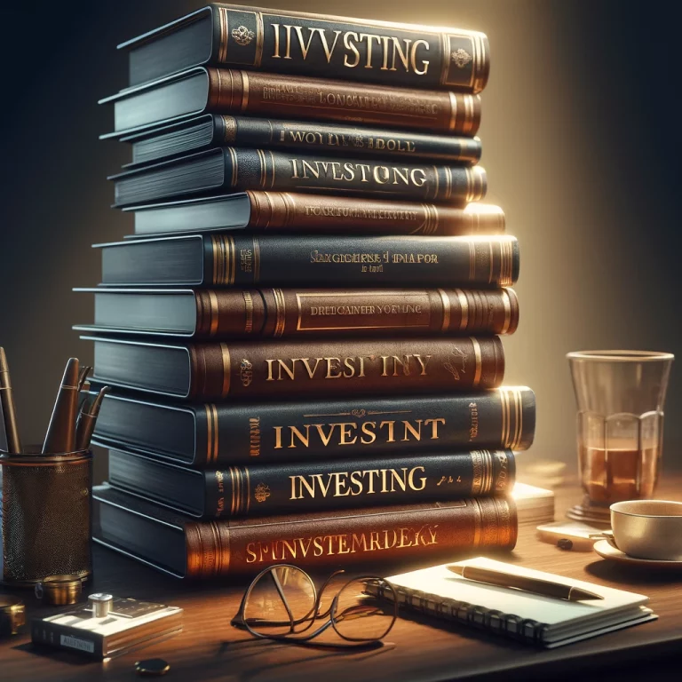 Stack of books on investing with a magnifying glass on top.
