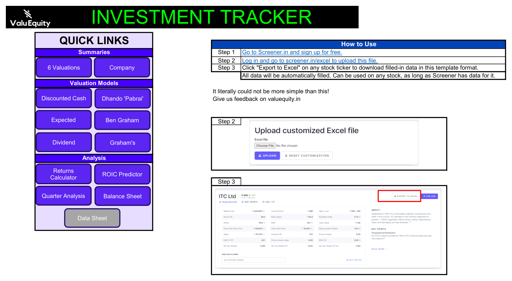 Instructions tab showing the one-time Screener.in upload