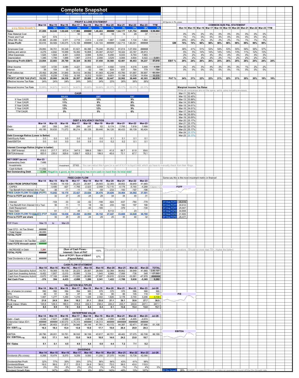 Snapshot tab auto-filled with 10 years of company financials